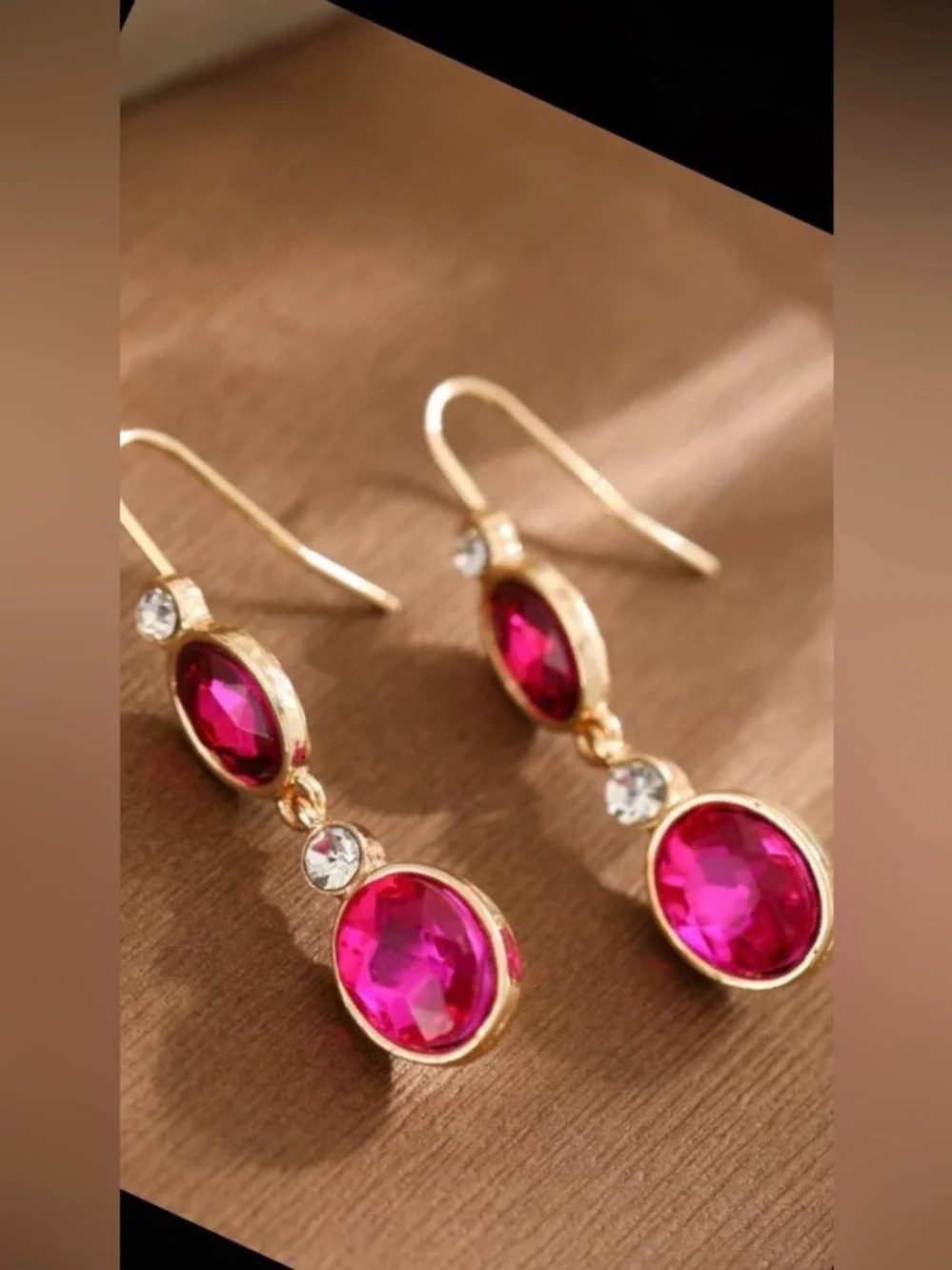 Gold-Tone Pink Drop Earrings with Faceted Pink Stones